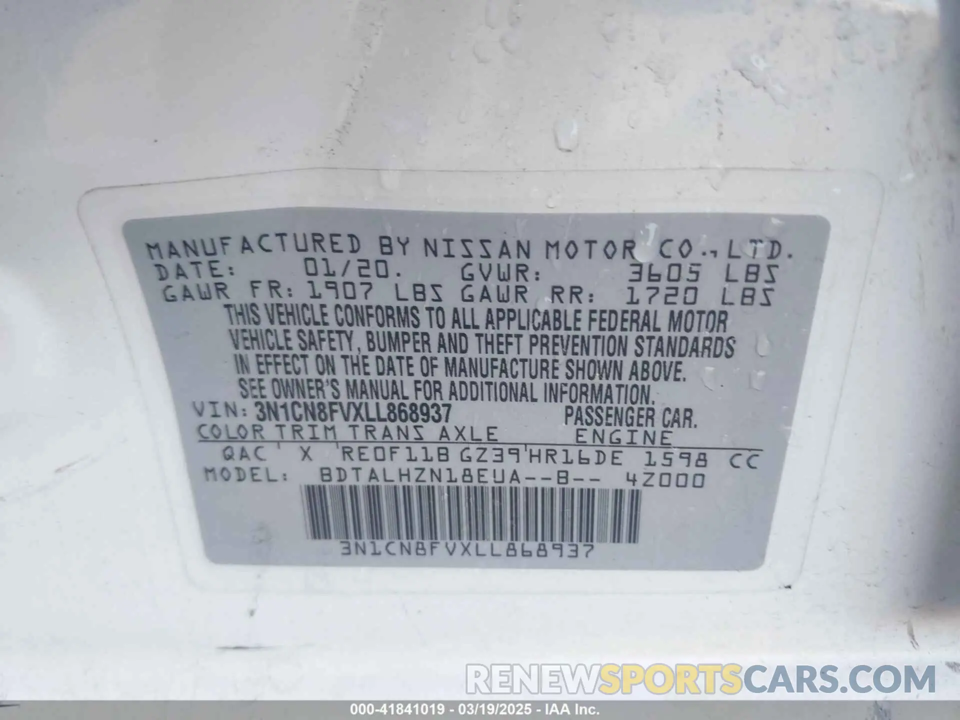 9 Photograph of a damaged car 3N1CN8FVXLL868937 NISSAN VERSA 2020
