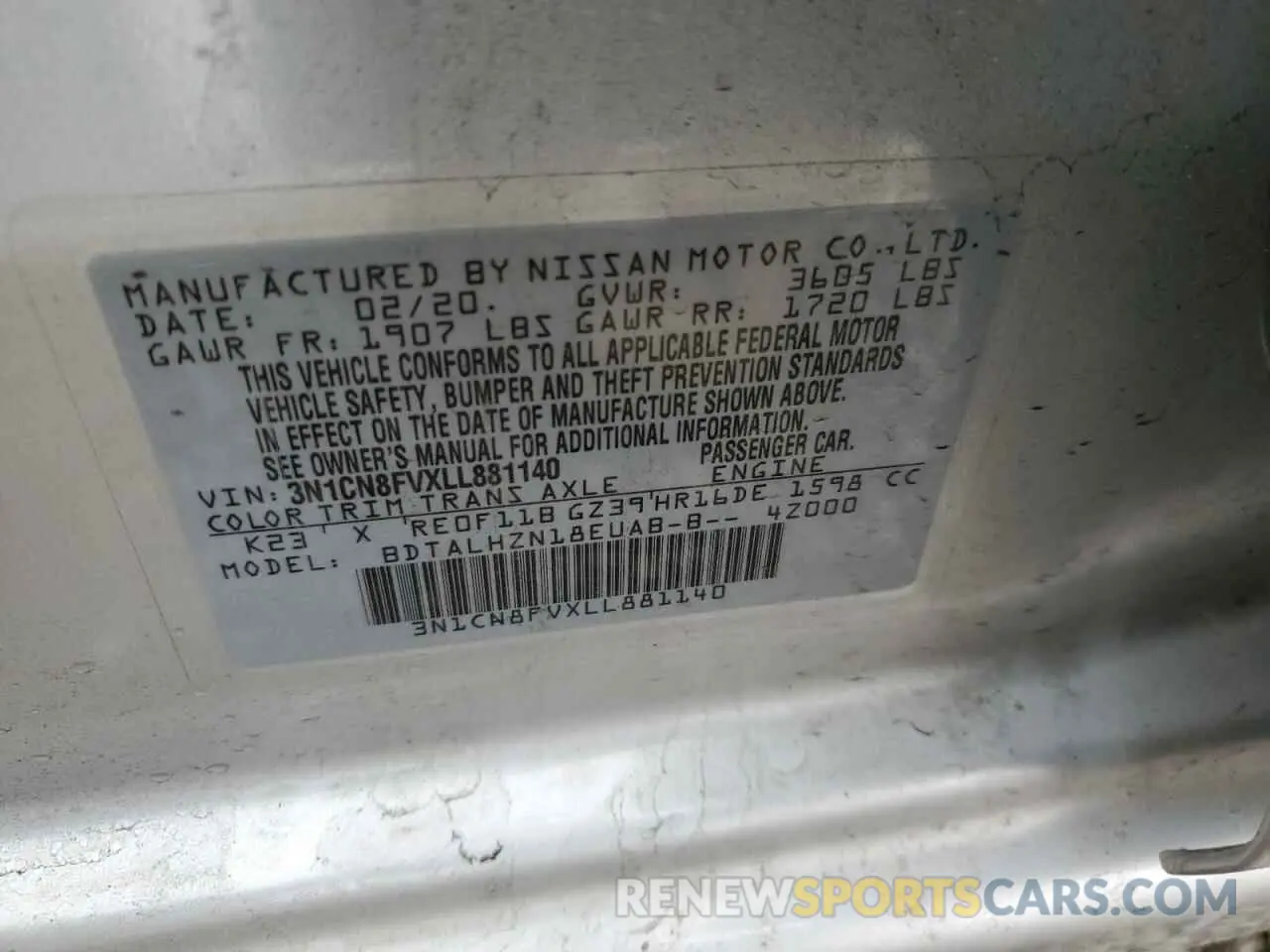 13 Photograph of a damaged car 3N1CN8FVXLL881140 NISSAN VERSA 2020