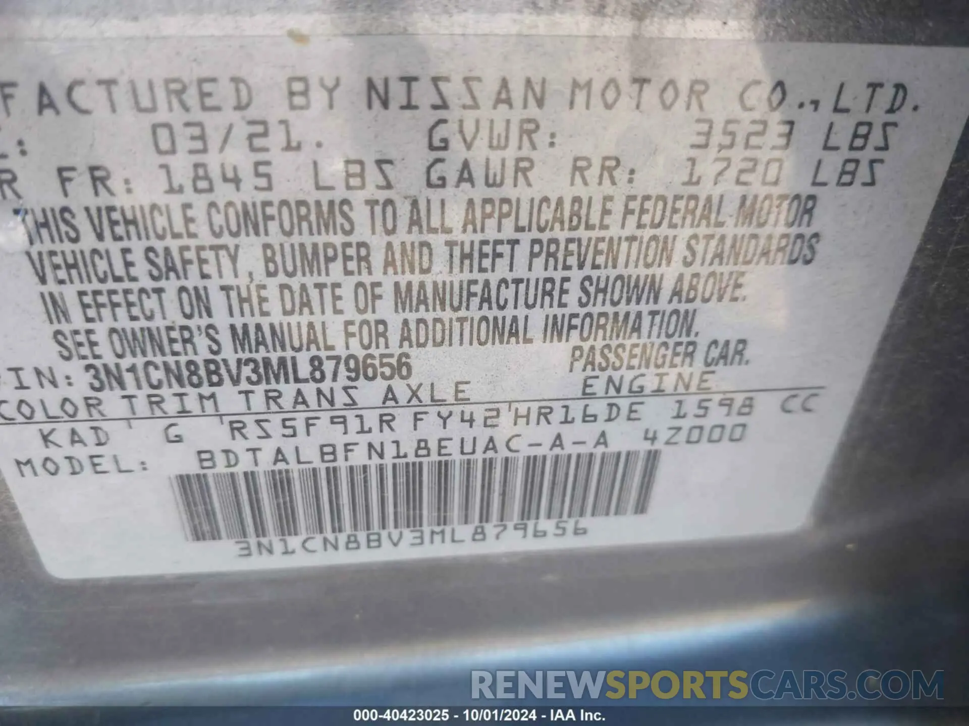 9 Photograph of a damaged car 3N1CN8BV3ML879656 NISSAN VERSA 2021