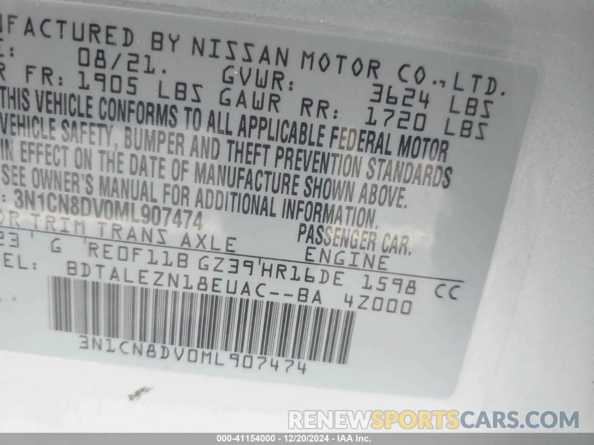 9 Photograph of a damaged car 3N1CN8DV0ML907474 NISSAN VERSA 2021