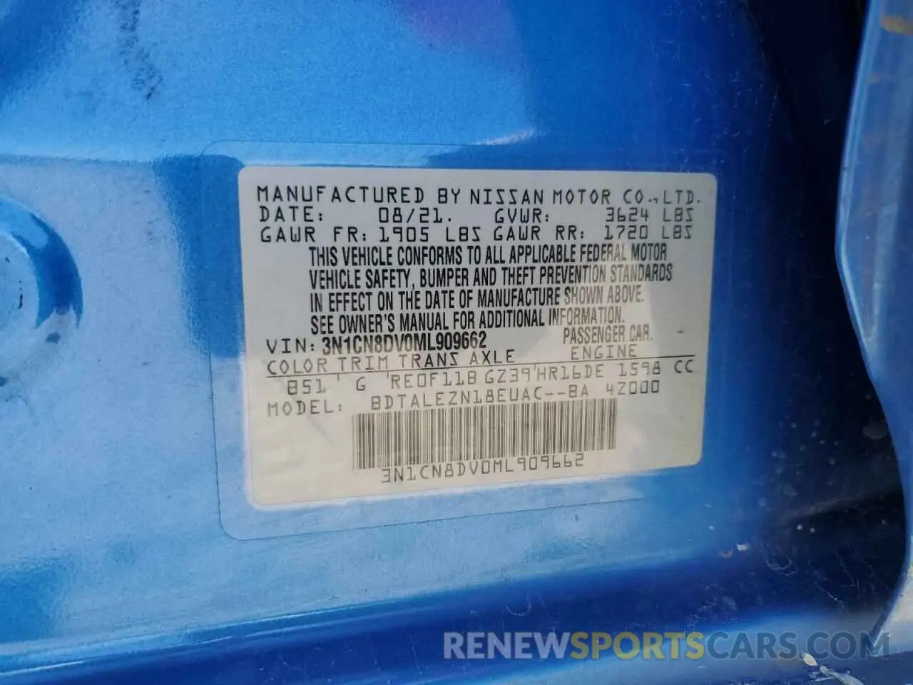 12 Photograph of a damaged car 3N1CN8DV0ML909662 NISSAN VERSA 2021