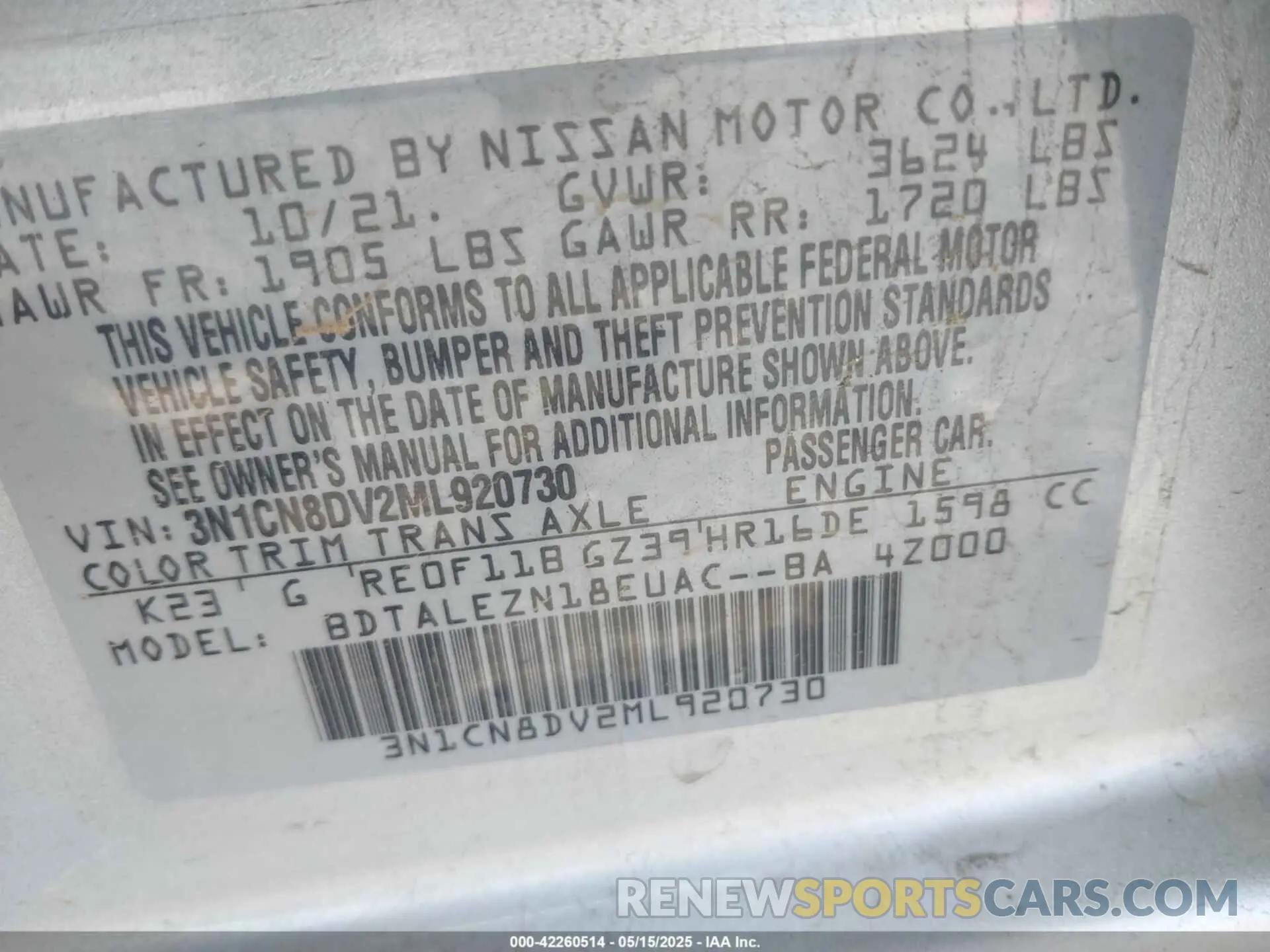 9 Photograph of a damaged car 3N1CN8DV2ML920730 NISSAN VERSA 2021