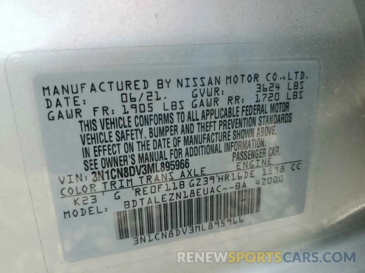 12 Photograph of a damaged car 3N1CN8DV3ML895966 NISSAN VERSA 2021