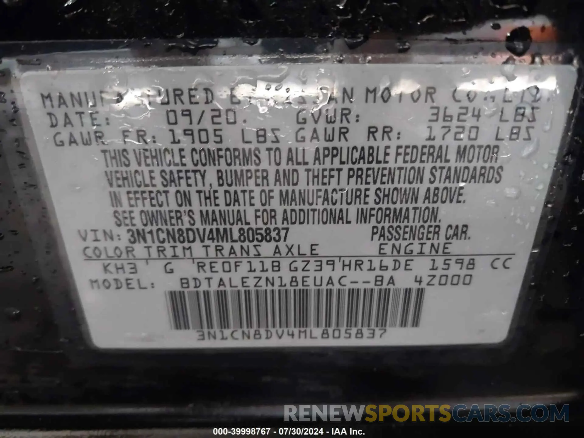 9 Photograph of a damaged car 3N1CN8DV4ML805837 NISSAN VERSA 2021