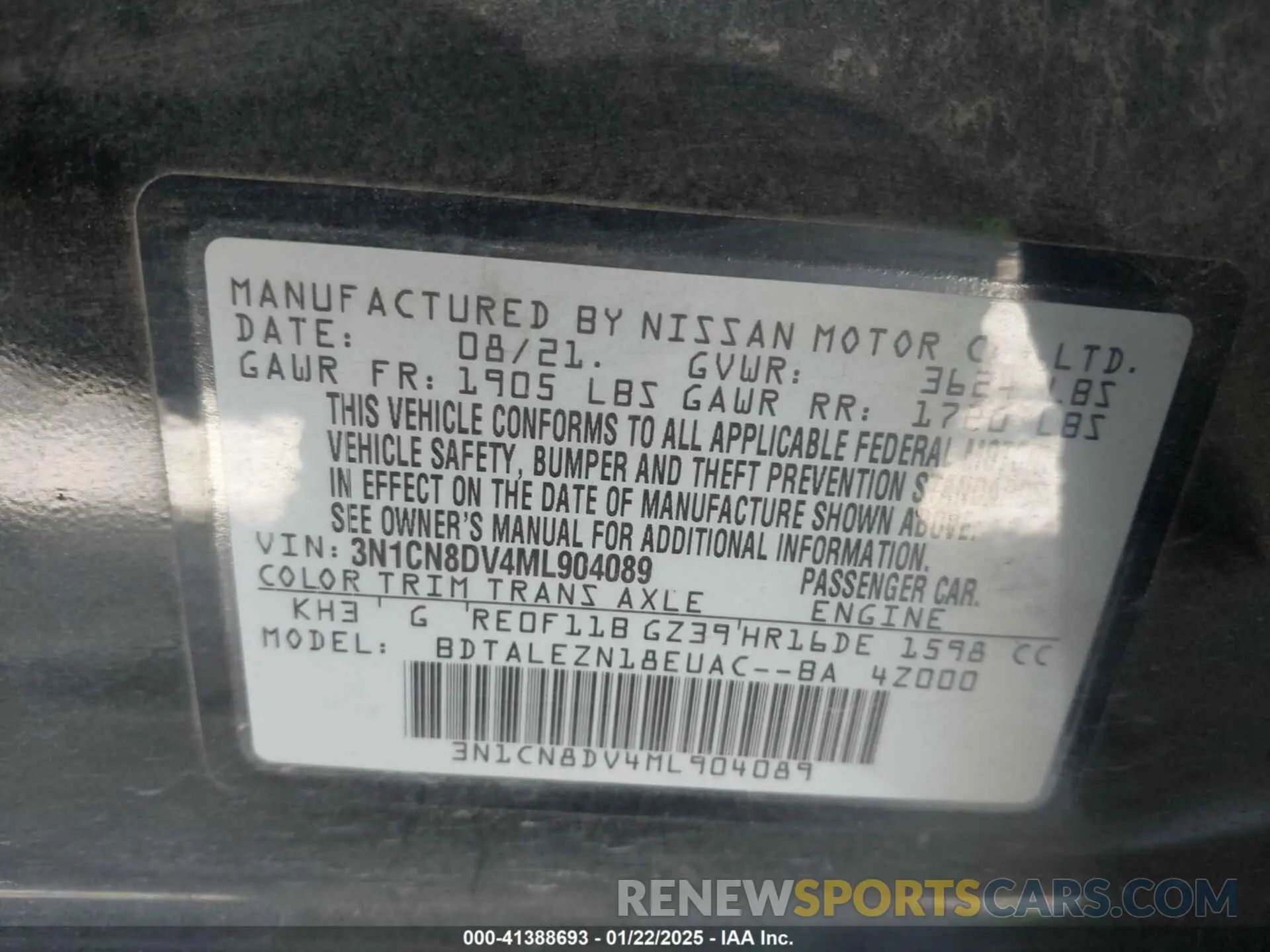 9 Photograph of a damaged car 3N1CN8DV4ML904089 NISSAN VERSA 2021