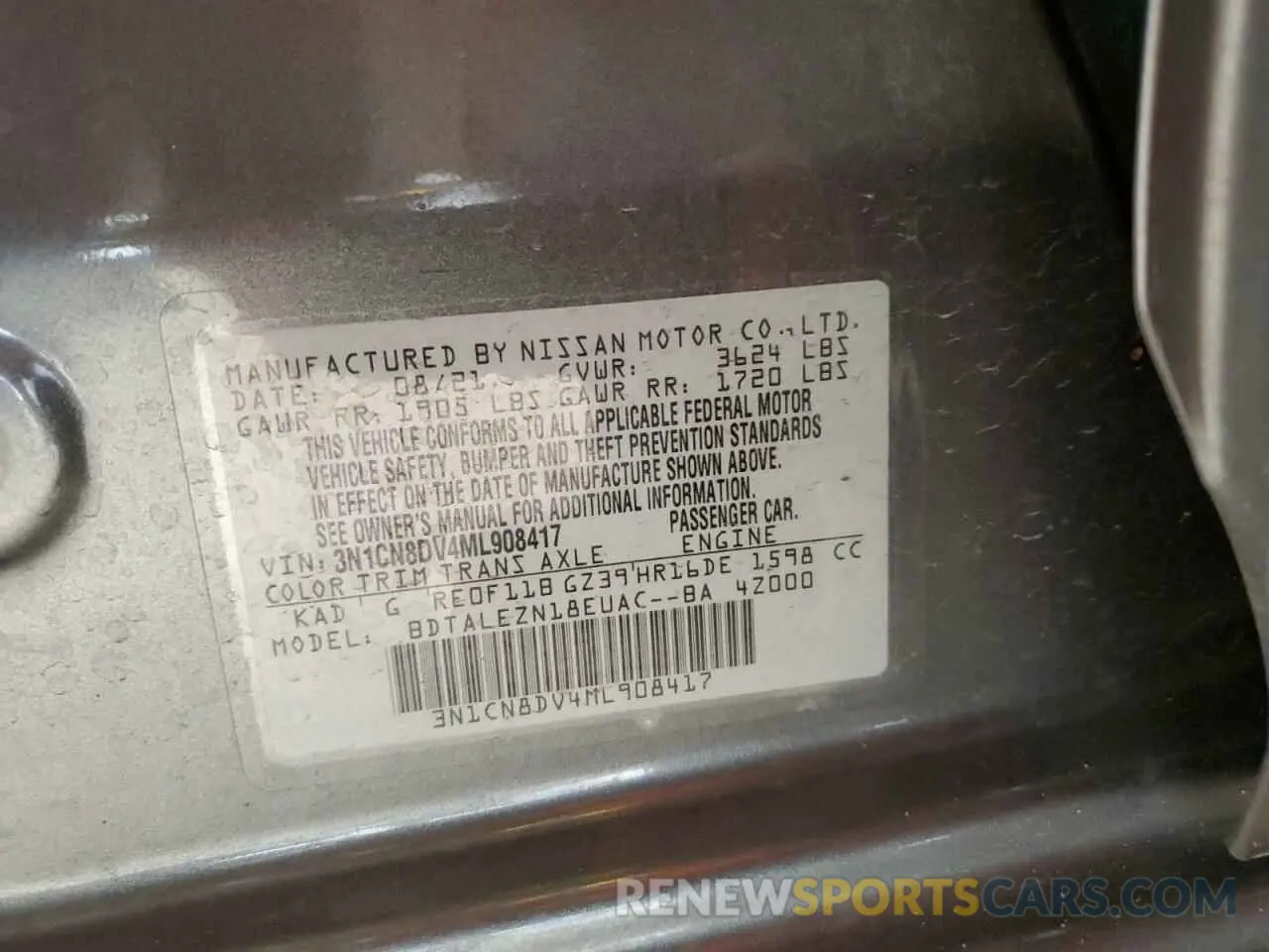 12 Photograph of a damaged car 3N1CN8DV4ML908417 NISSAN VERSA 2021