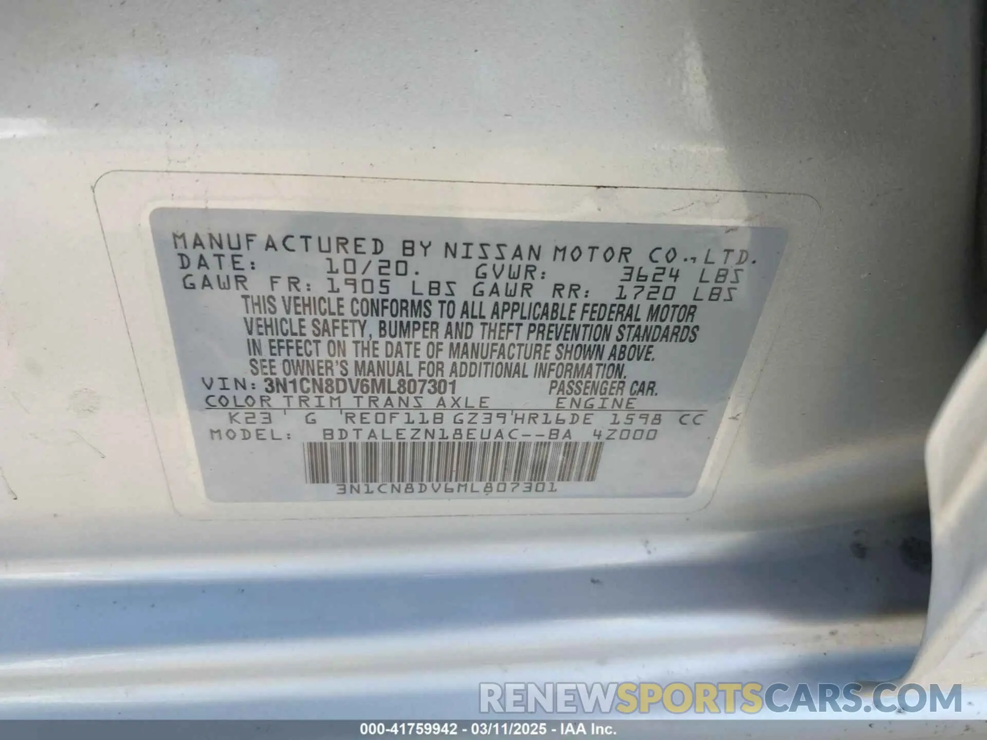 9 Photograph of a damaged car 3N1CN8DV6ML807301 NISSAN VERSA 2021