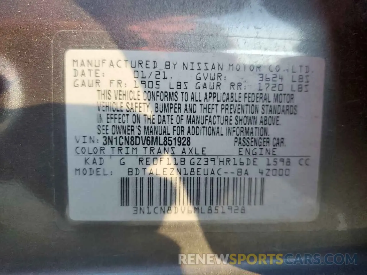 12 Photograph of a damaged car 3N1CN8DV6ML851928 NISSAN VERSA 2021