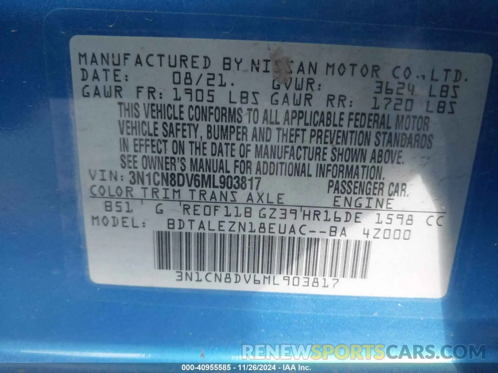 9 Photograph of a damaged car 3N1CN8DV6ML903817 NISSAN VERSA 2021