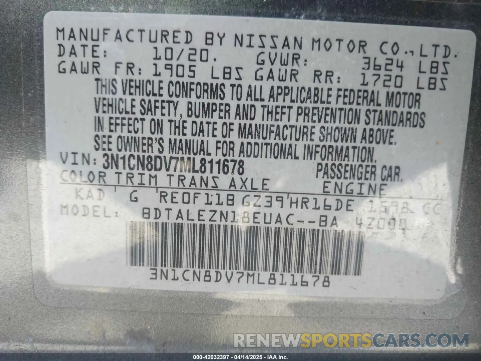 9 Photograph of a damaged car 3N1CN8DV7ML811678 NISSAN VERSA 2021