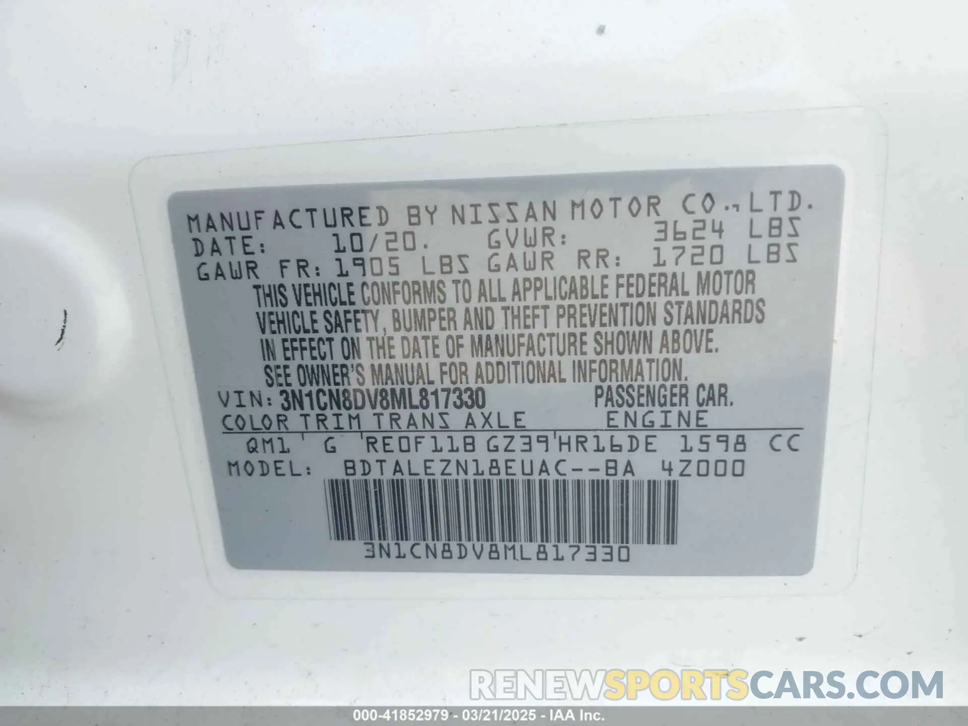 9 Photograph of a damaged car 3N1CN8DV8ML817330 NISSAN VERSA 2021