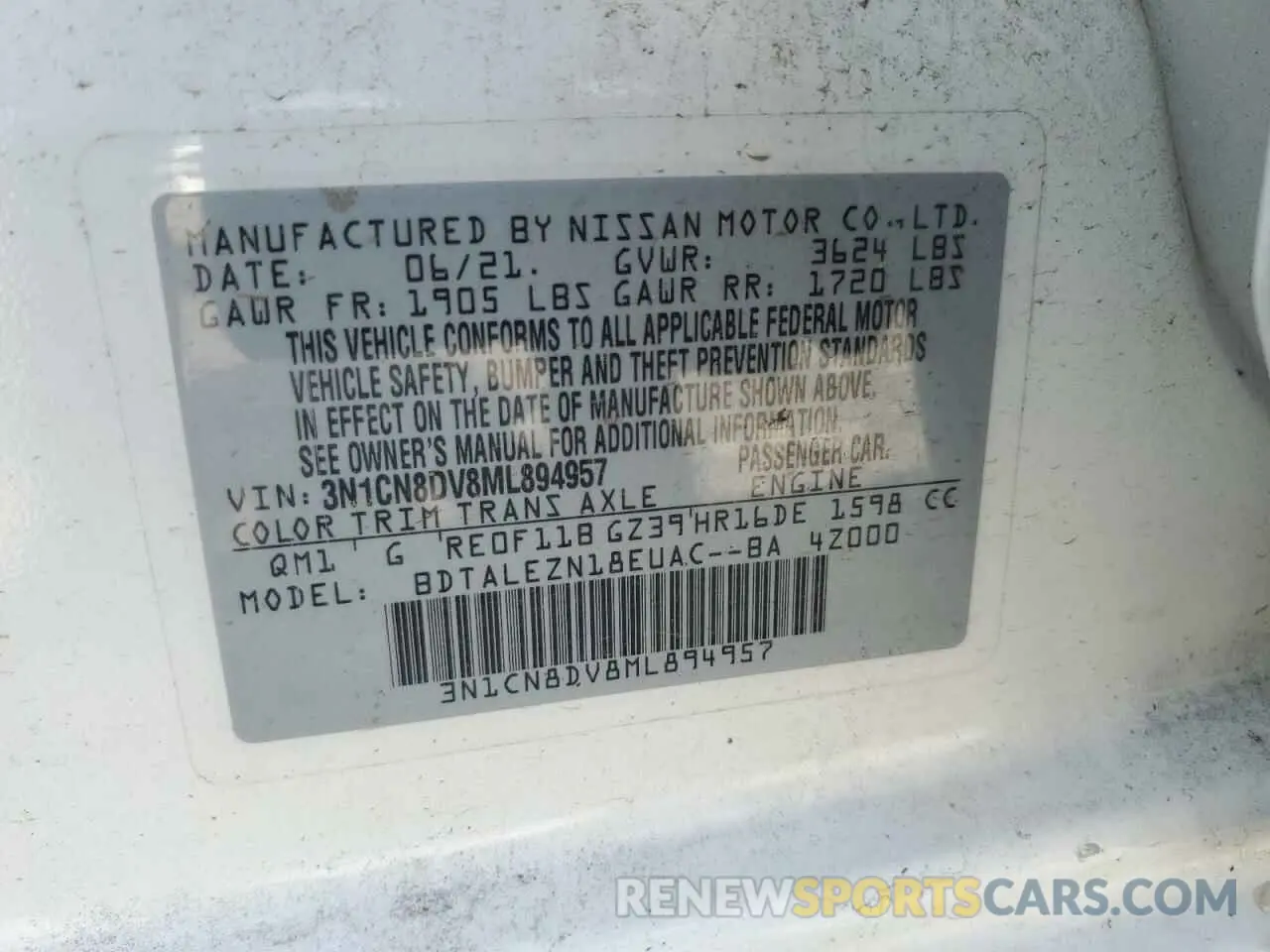 12 Photograph of a damaged car 3N1CN8DV8ML894957 NISSAN VERSA 2021