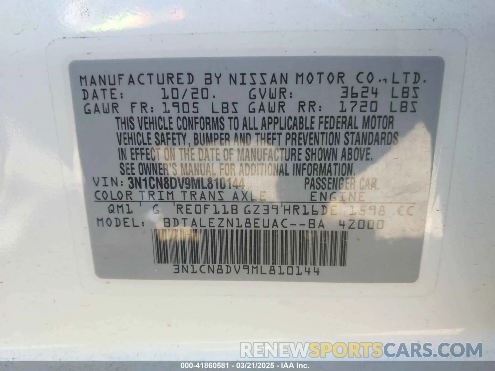9 Photograph of a damaged car 3N1CN8DV9ML810144 NISSAN VERSA 2021