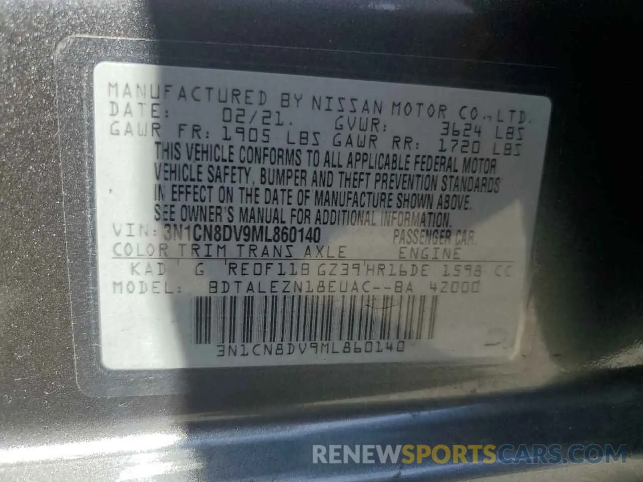 12 Photograph of a damaged car 3N1CN8DV9ML860140 NISSAN VERSA 2021