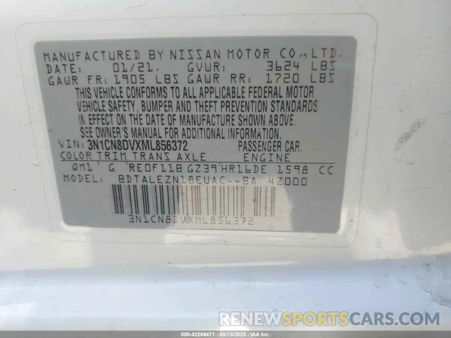 9 Photograph of a damaged car 3N1CN8DVXML856372 NISSAN VERSA 2021