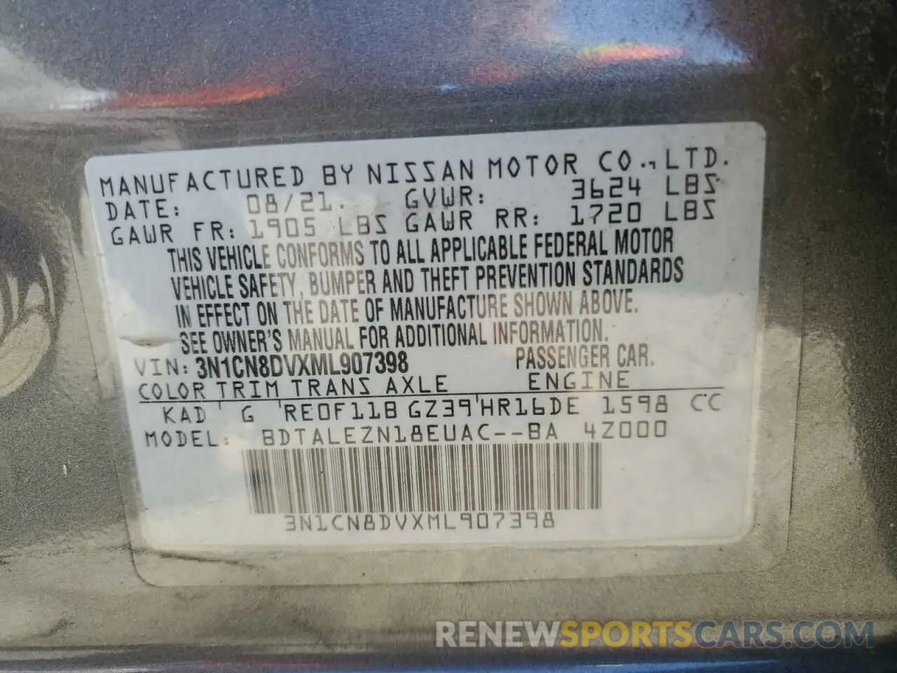 13 Photograph of a damaged car 3N1CN8DVXML907398 NISSAN VERSA 2021