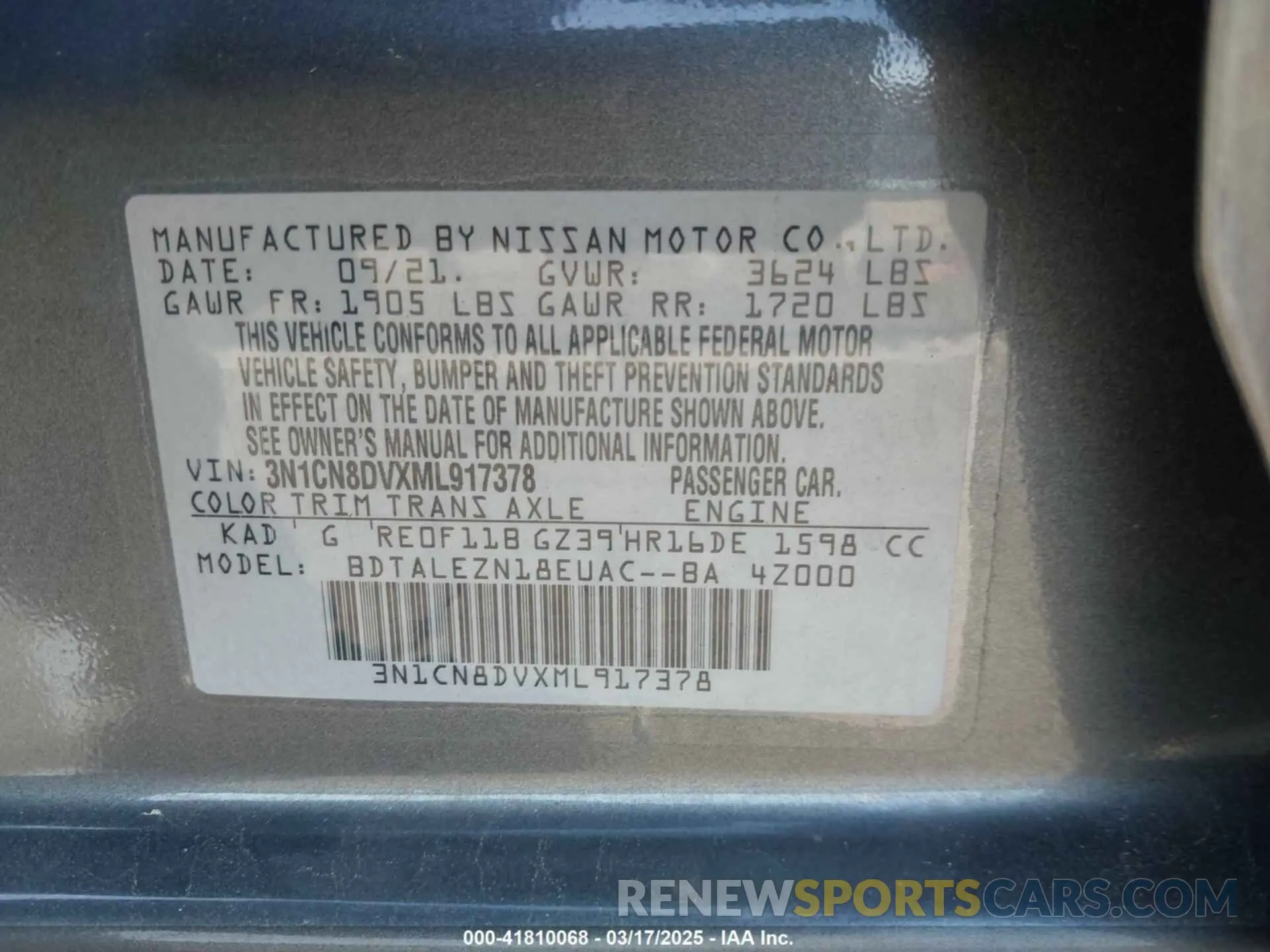 9 Photograph of a damaged car 3N1CN8DVXML917378 NISSAN VERSA 2021