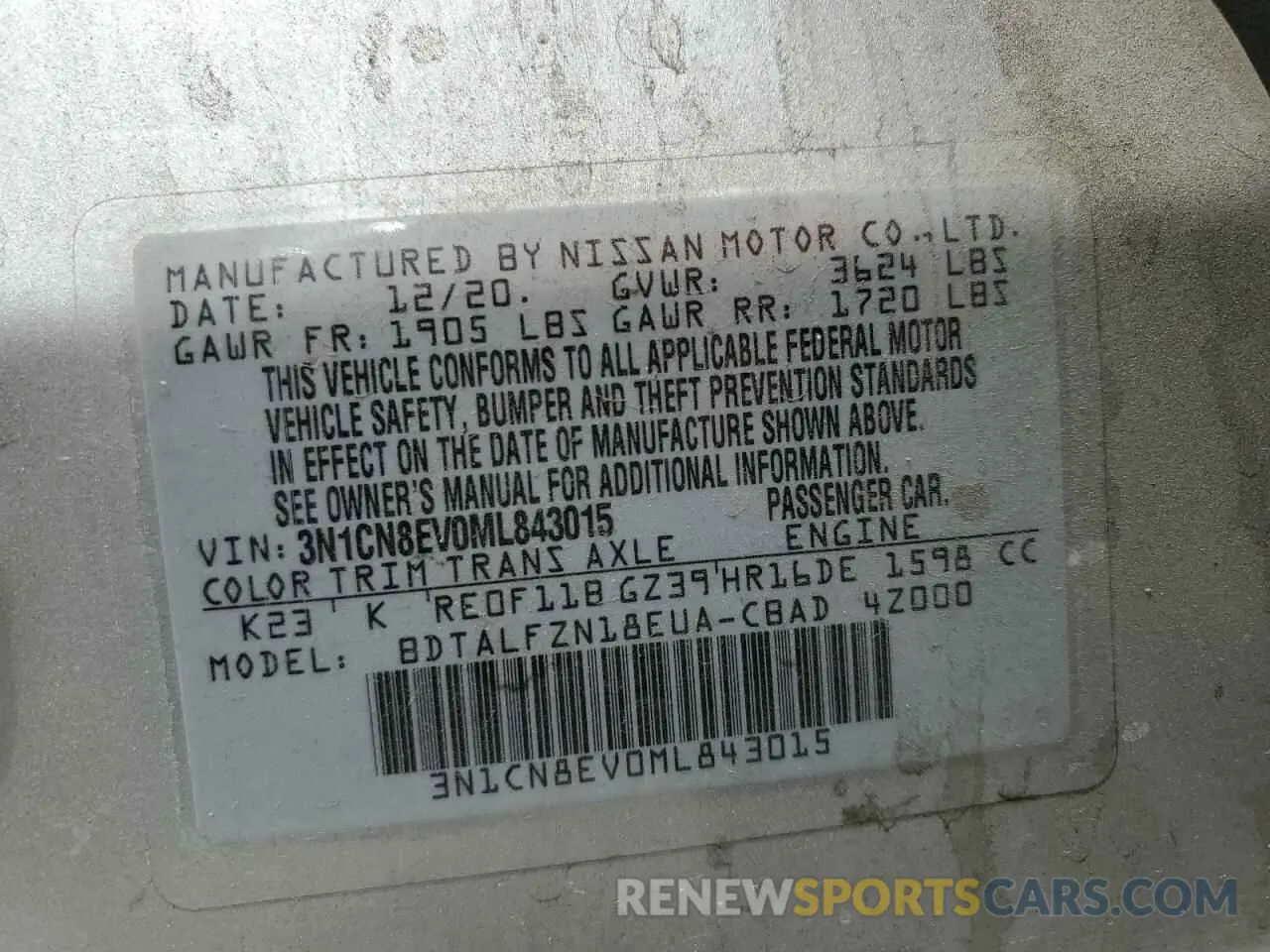 12 Photograph of a damaged car 3N1CN8EV0ML843015 NISSAN VERSA 2021