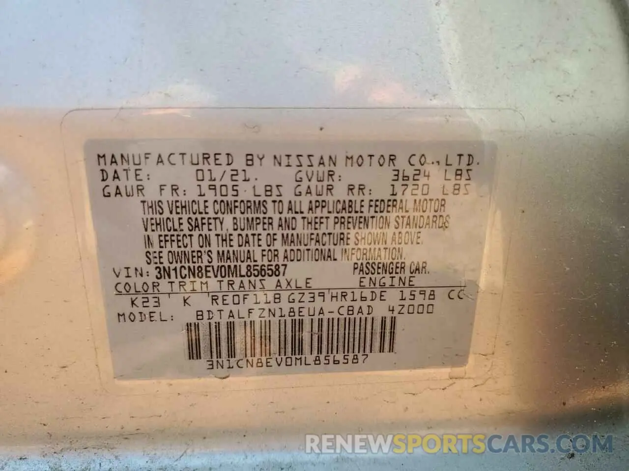 12 Photograph of a damaged car 3N1CN8EV0ML856587 NISSAN VERSA 2021