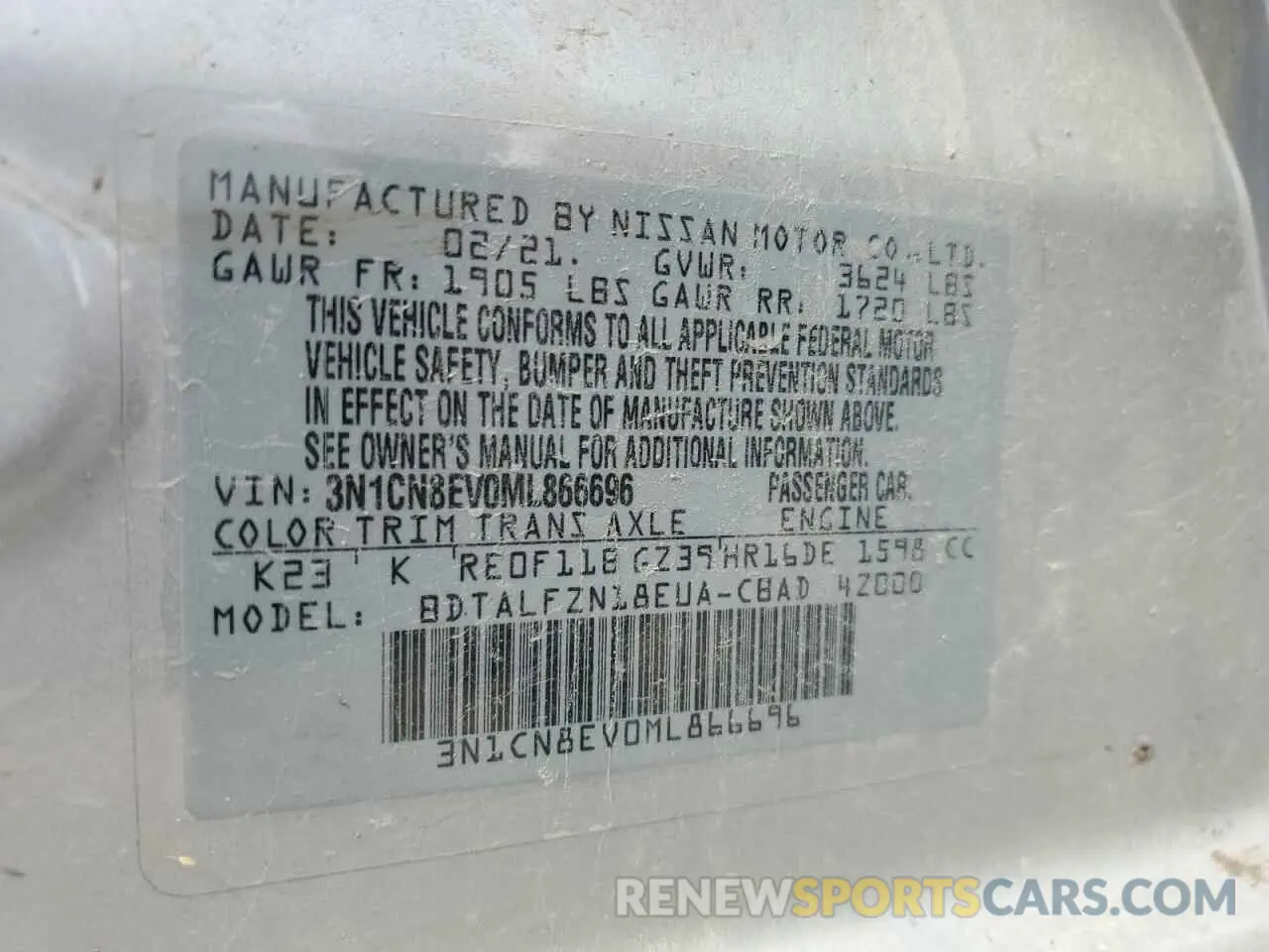 13 Photograph of a damaged car 3N1CN8EV0ML866696 NISSAN VERSA 2021