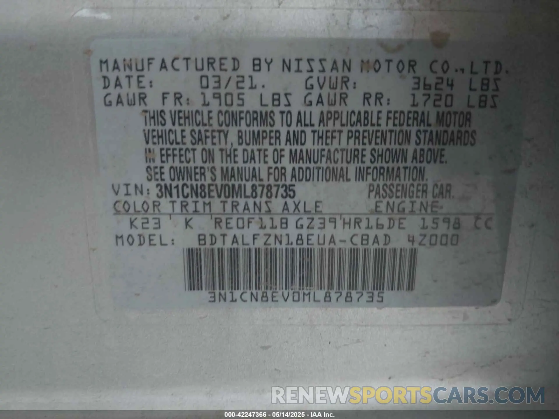 9 Photograph of a damaged car 3N1CN8EV0ML878735 NISSAN VERSA 2021