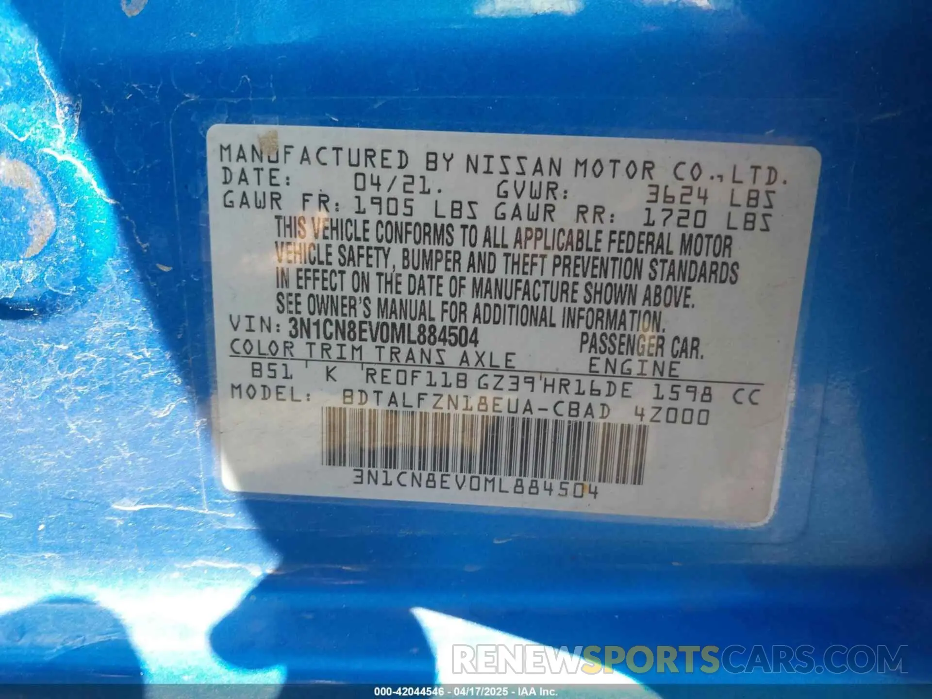 9 Photograph of a damaged car 3N1CN8EV0ML884504 NISSAN VERSA 2021