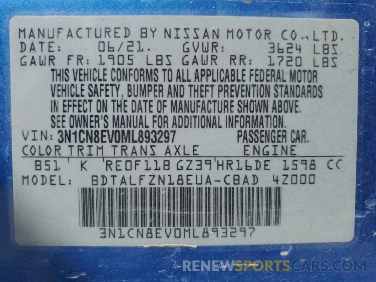 12 Photograph of a damaged car 3N1CN8EV0ML893297 NISSAN VERSA 2021