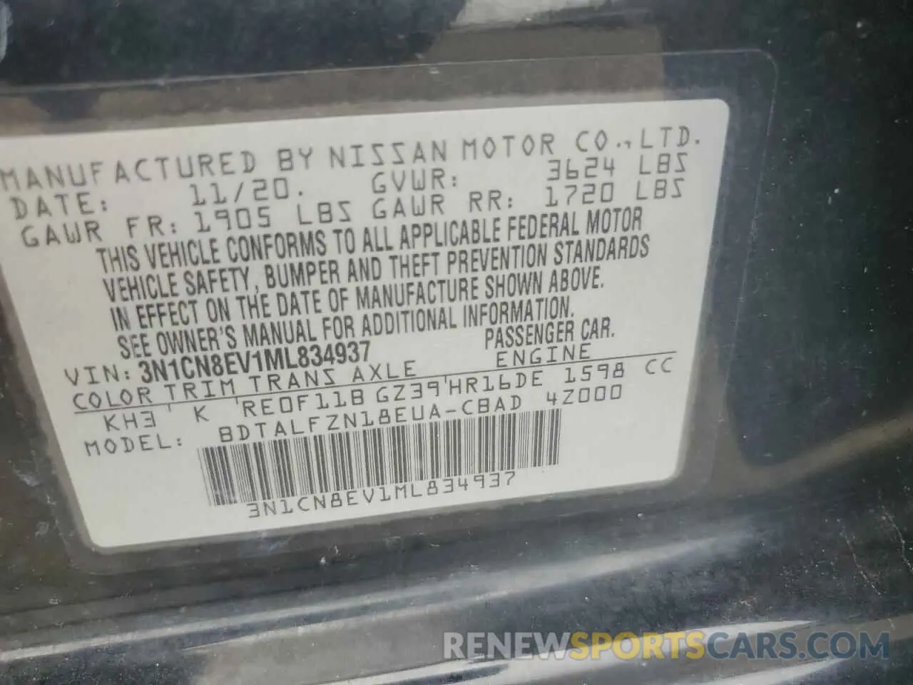 12 Photograph of a damaged car 3N1CN8EV1ML834937 NISSAN VERSA 2021