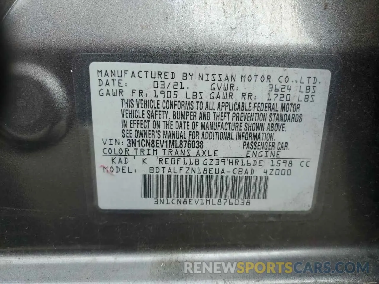 12 Photograph of a damaged car 3N1CN8EV1ML876038 NISSAN VERSA 2021