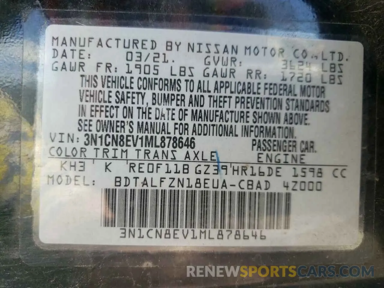 12 Photograph of a damaged car 3N1CN8EV1ML878646 NISSAN VERSA 2021