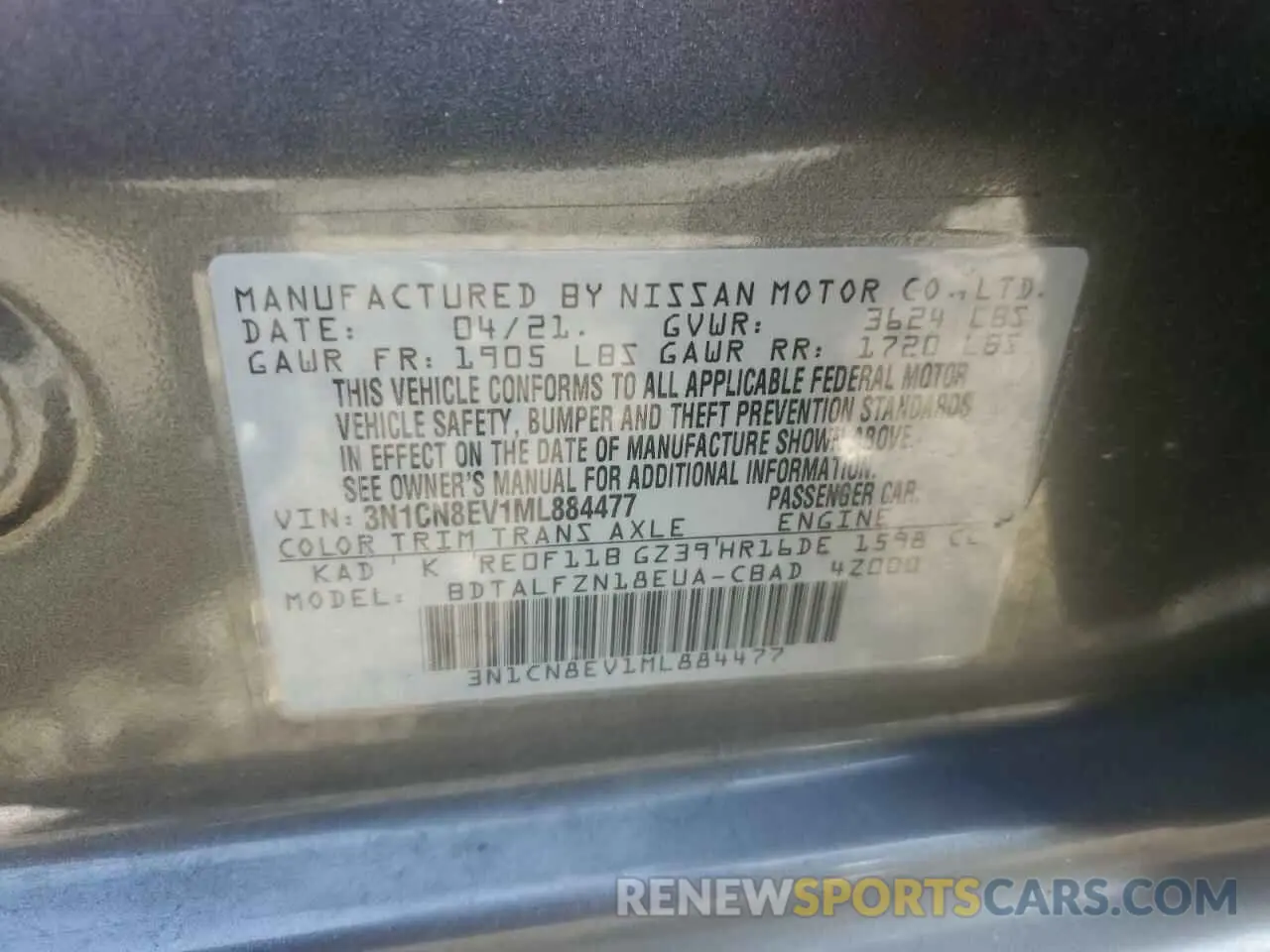13 Photograph of a damaged car 3N1CN8EV1ML884477 NISSAN VERSA 2021