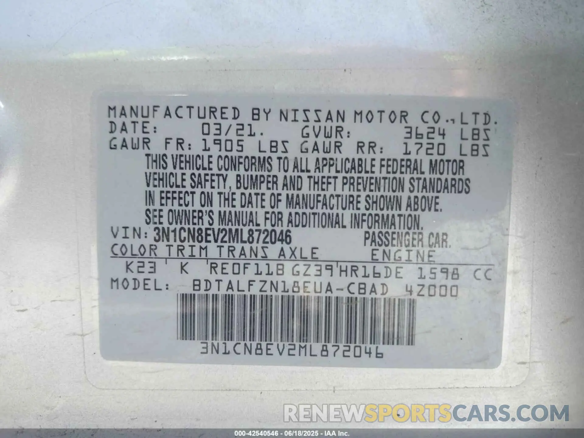 9 Photograph of a damaged car 3N1CN8EV2ML872046 NISSAN VERSA 2021