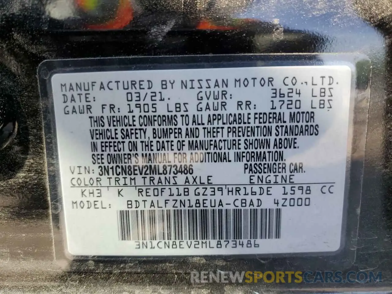 12 Photograph of a damaged car 3N1CN8EV2ML873486 NISSAN VERSA 2021