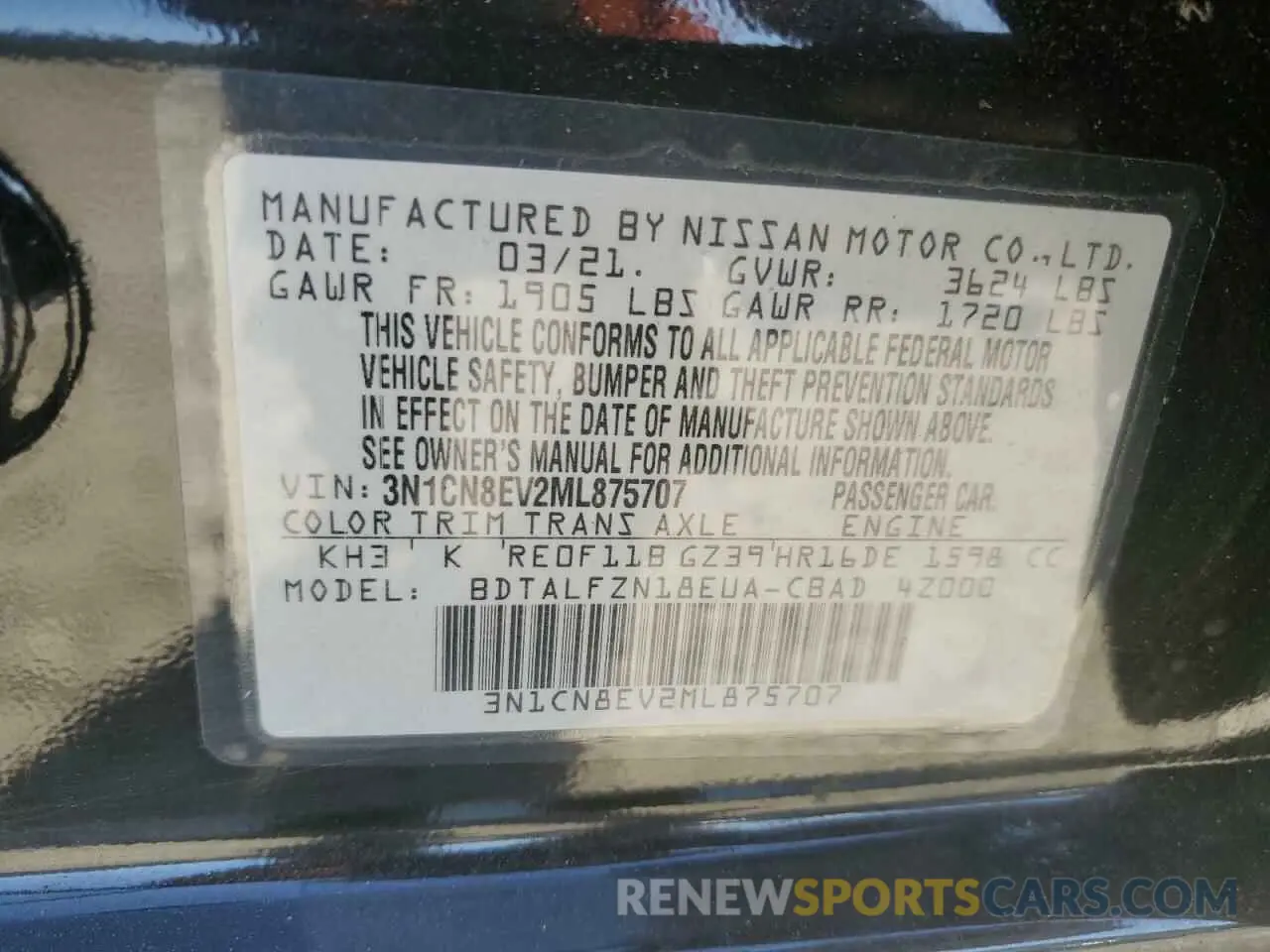 15 Photograph of a damaged car 3N1CN8EV2ML875707 NISSAN VERSA 2021