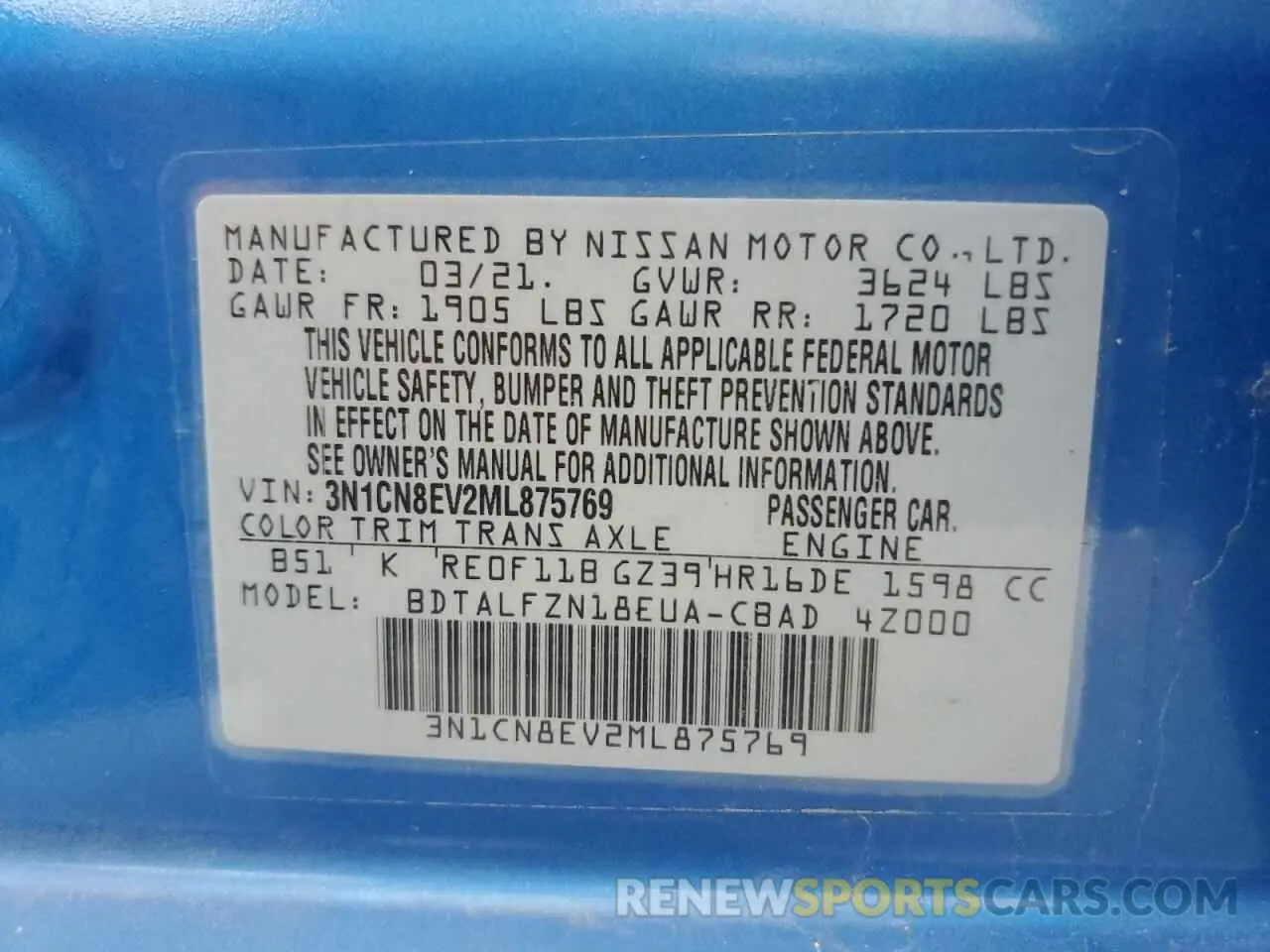 12 Photograph of a damaged car 3N1CN8EV2ML875769 NISSAN VERSA 2021