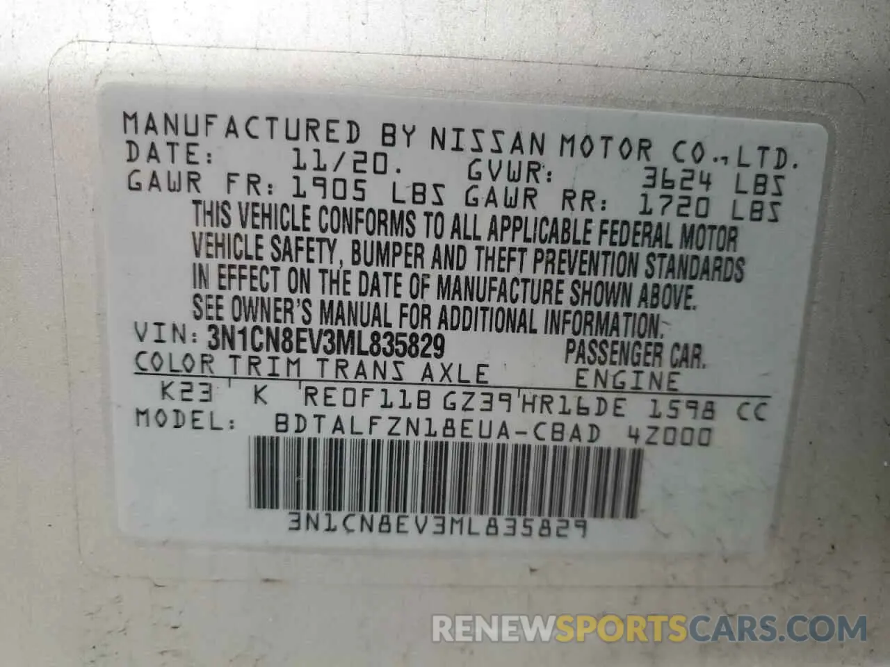 14 Photograph of a damaged car 3N1CN8EV3ML835829 NISSAN VERSA 2021