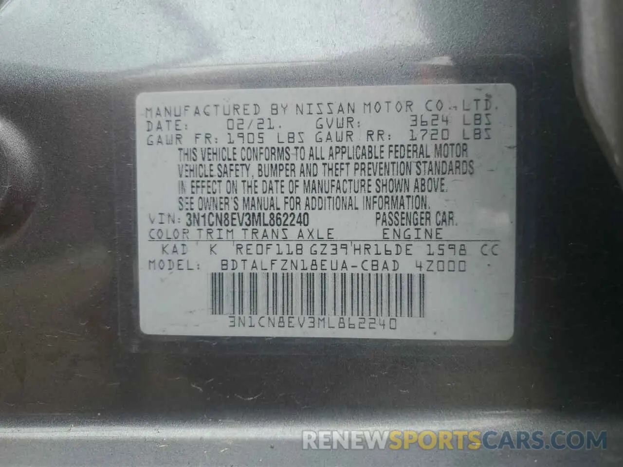 12 Photograph of a damaged car 3N1CN8EV3ML862240 NISSAN VERSA 2021
