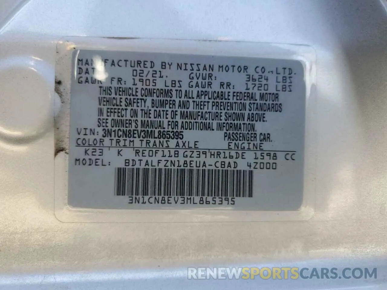 12 Photograph of a damaged car 3N1CN8EV3ML865395 NISSAN VERSA 2021
