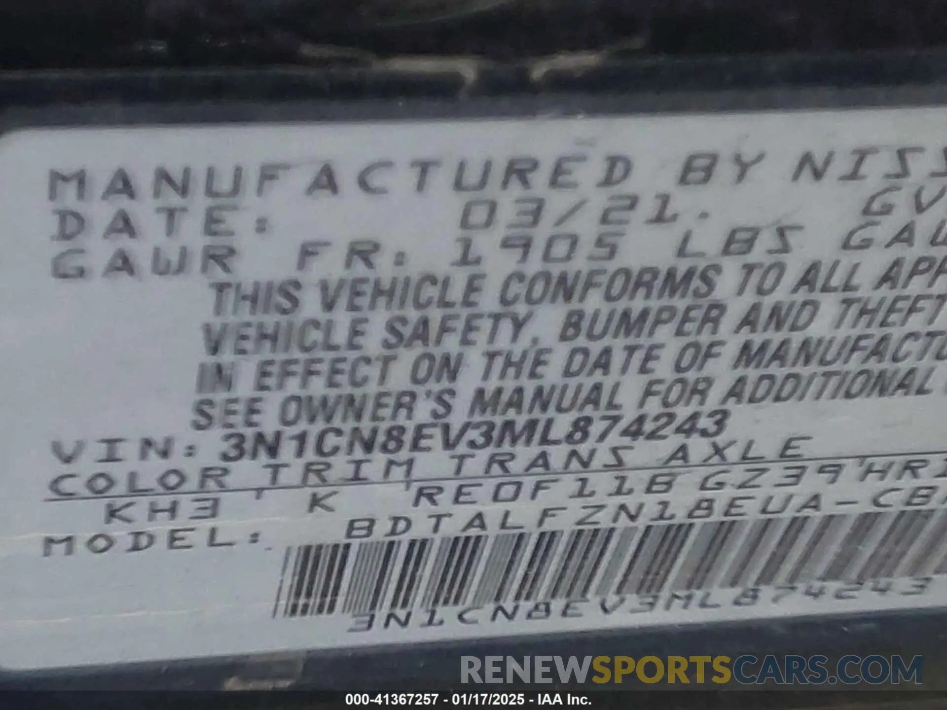 9 Photograph of a damaged car 3N1CN8EV3ML874243 NISSAN VERSA 2021
