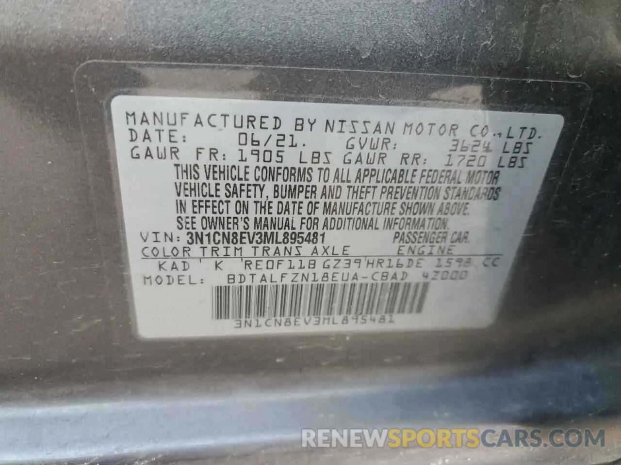 12 Photograph of a damaged car 3N1CN8EV3ML895481 NISSAN VERSA 2021