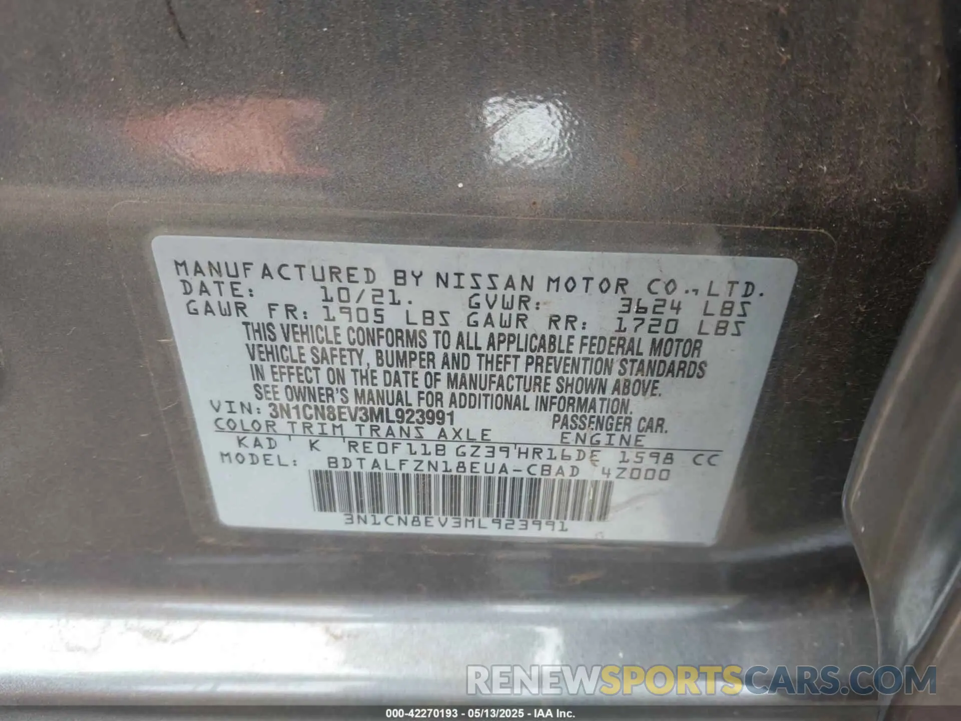 9 Photograph of a damaged car 3N1CN8EV3ML923991 NISSAN VERSA 2021