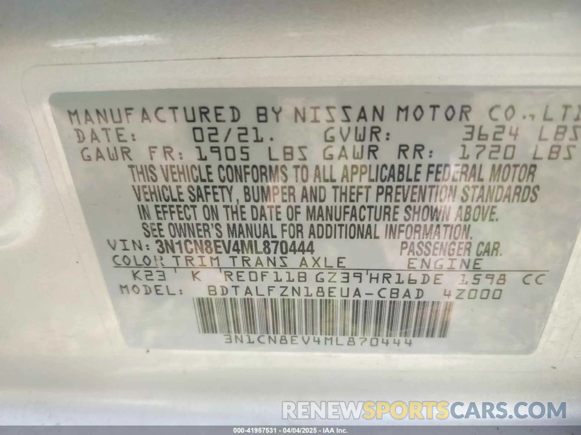 9 Photograph of a damaged car 3N1CN8EV4ML870444 NISSAN VERSA 2021