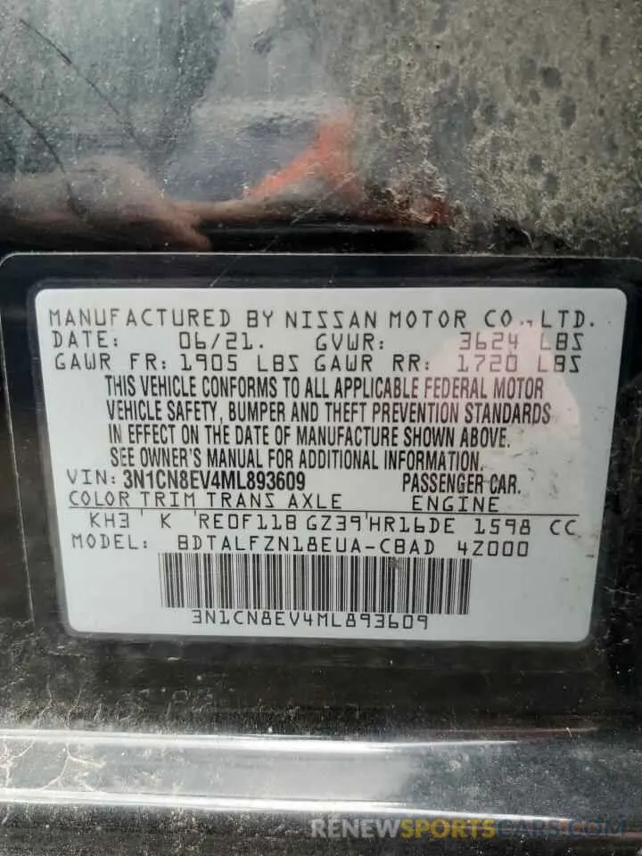 12 Photograph of a damaged car 3N1CN8EV4ML893609 NISSAN VERSA 2021