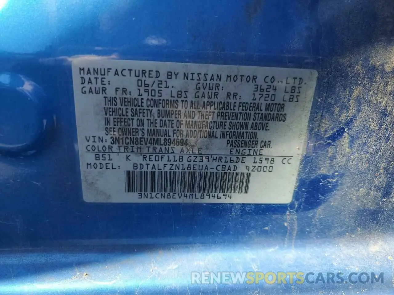 12 Photograph of a damaged car 3N1CN8EV4ML894694 NISSAN VERSA 2021