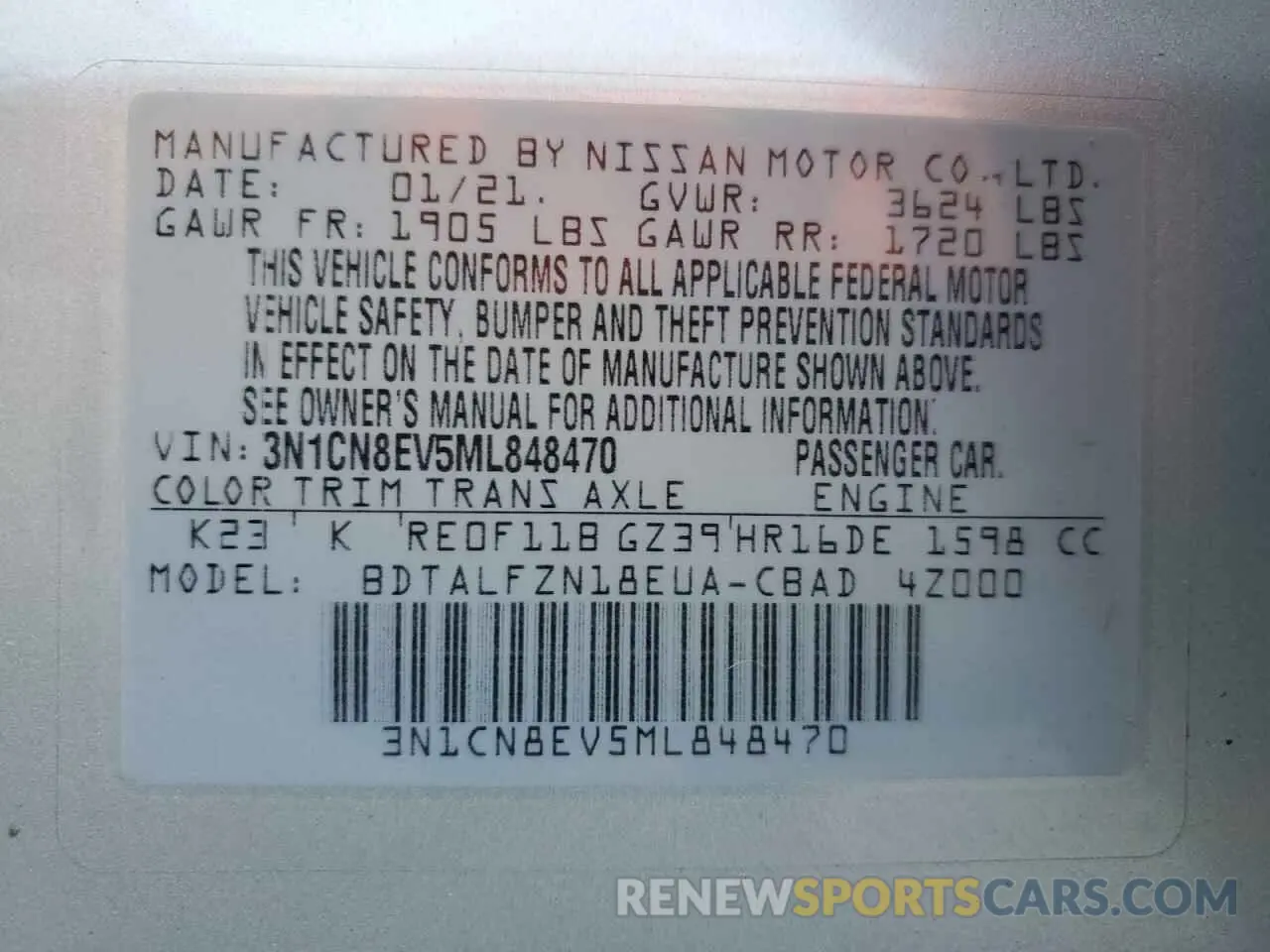 13 Photograph of a damaged car 3N1CN8EV5ML848470 NISSAN VERSA 2021