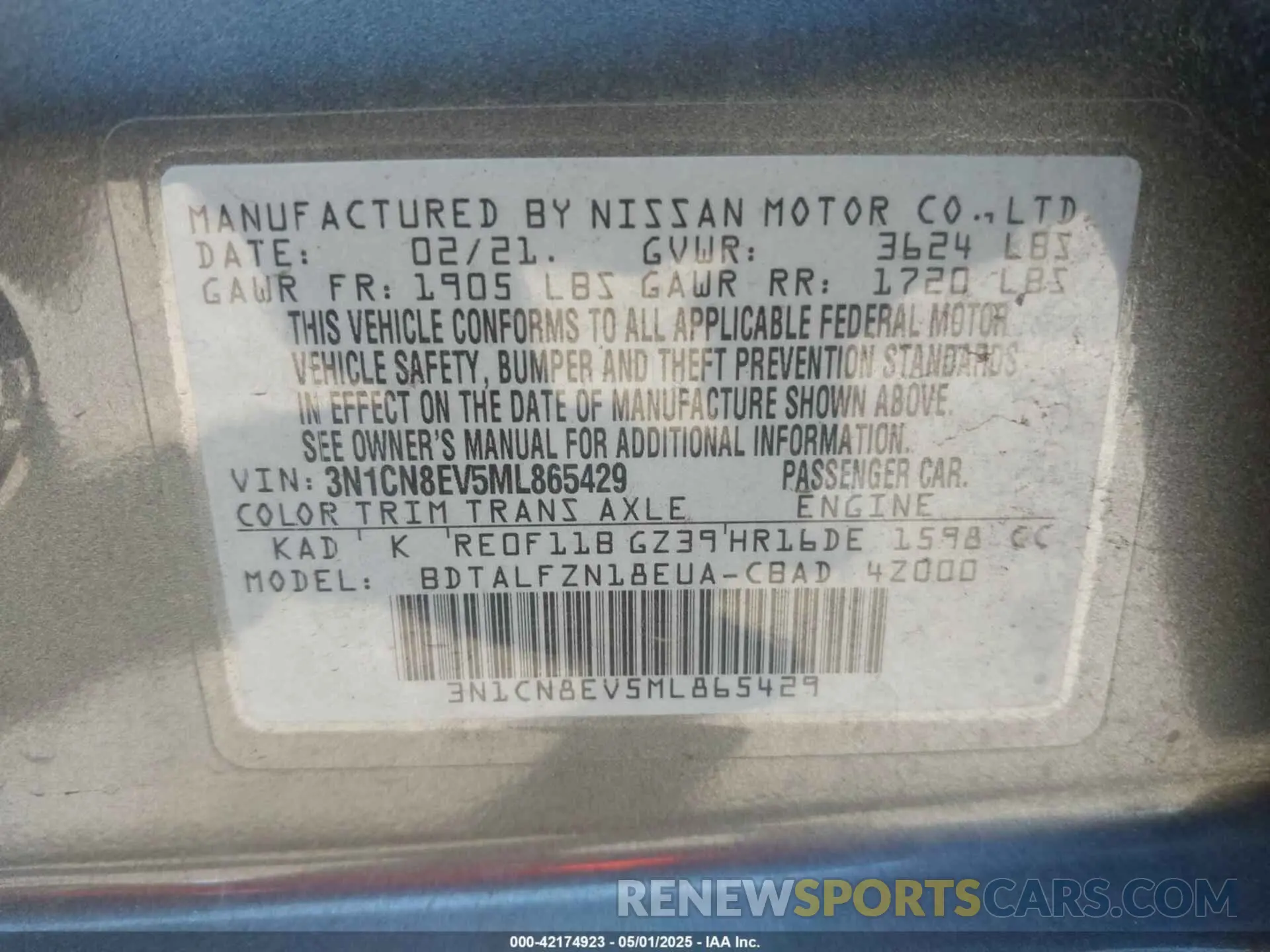 9 Photograph of a damaged car 3N1CN8EV5ML865429 NISSAN VERSA 2021
