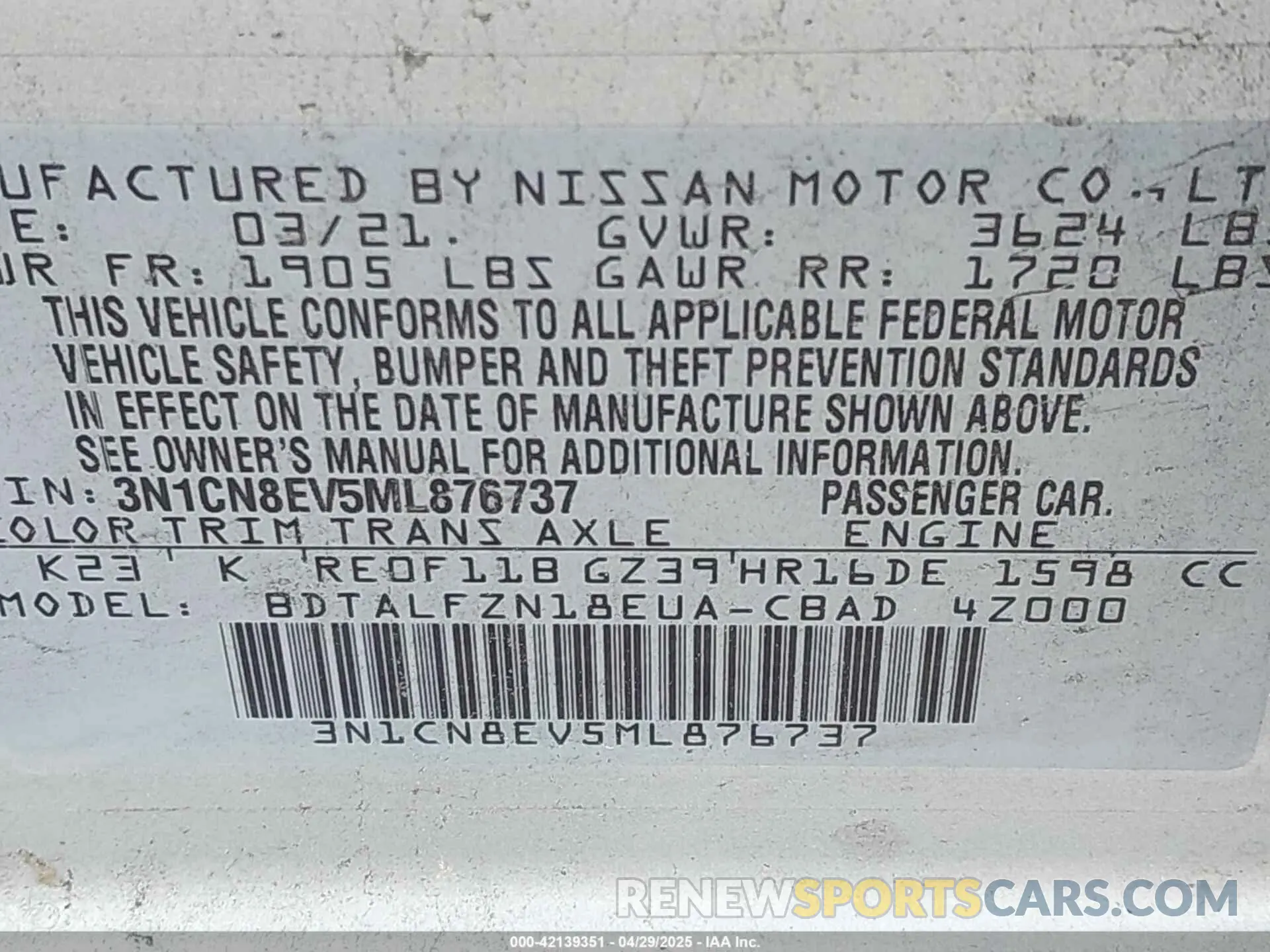 9 Photograph of a damaged car 3N1CN8EV5ML876737 NISSAN VERSA 2021