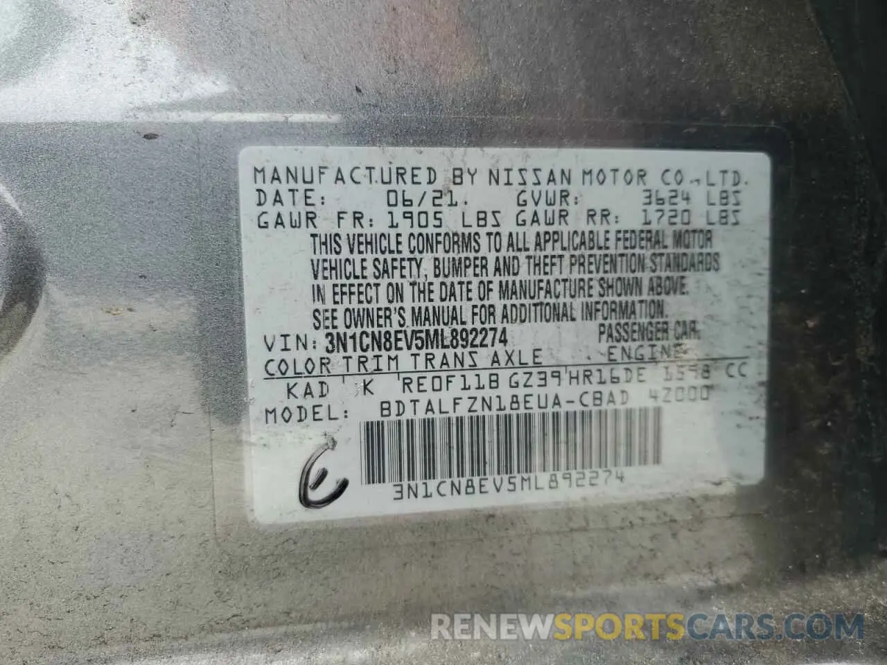 12 Photograph of a damaged car 3N1CN8EV5ML892274 NISSAN VERSA 2021