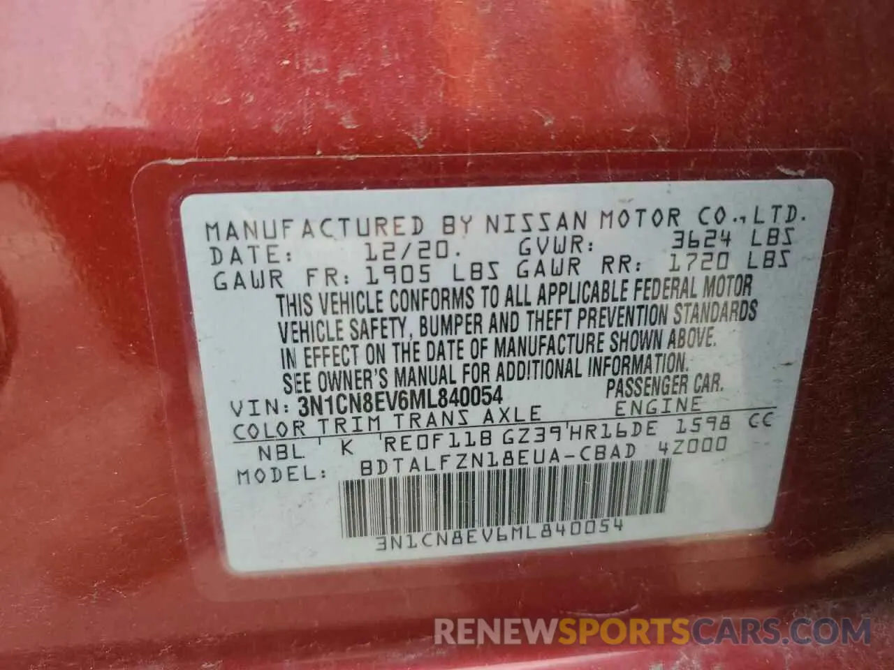 12 Photograph of a damaged car 3N1CN8EV6ML840054 NISSAN VERSA 2021