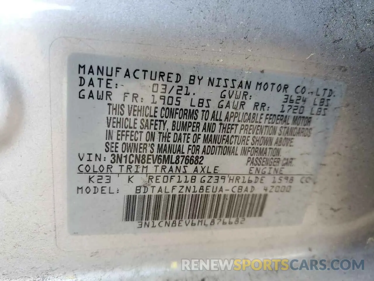 12 Photograph of a damaged car 3N1CN8EV6ML876682 NISSAN VERSA 2021